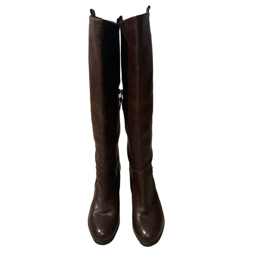 Dries Van Noten Brown Leather Side Zip Chunky Heel Tall Boots Women’s 35.5